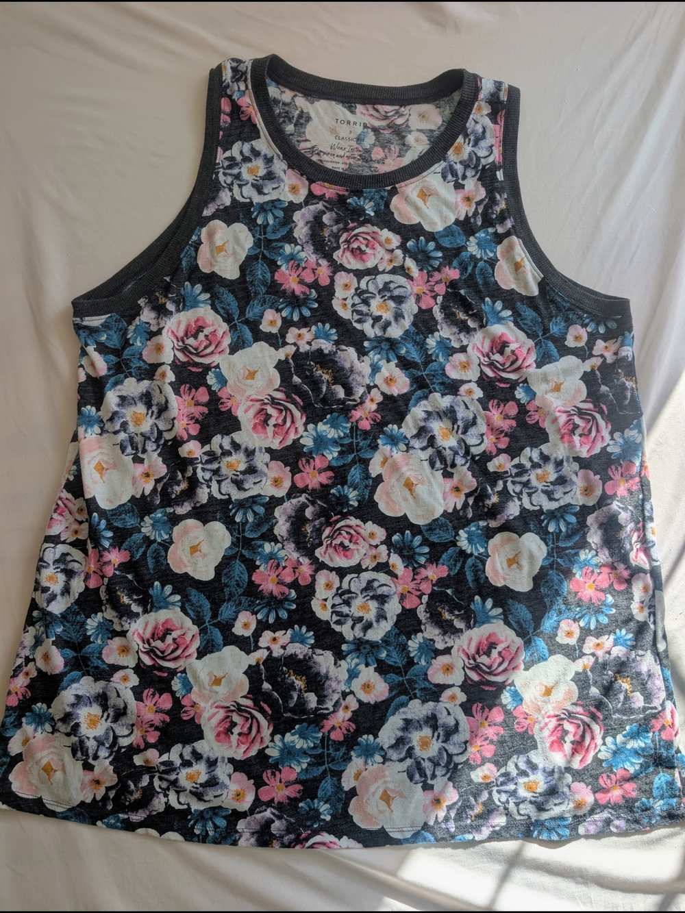Torrid Floral Scoop Neck Tank Top - Black with Pink & Blue Flowers